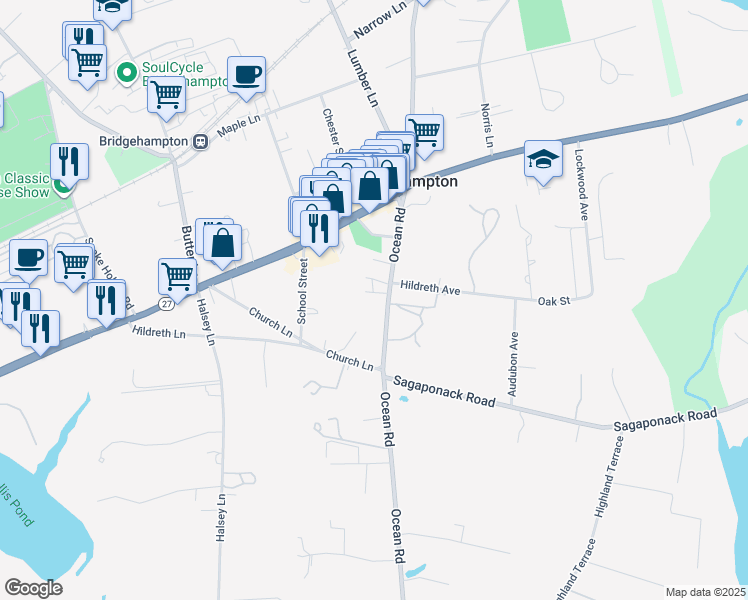 map of restaurants, bars, coffee shops, grocery stores, and more near 148 Ocean Road in East Hampton