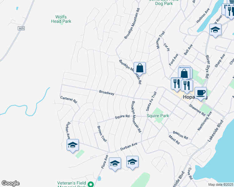 map of restaurants, bars, coffee shops, grocery stores, and more near 301 West End Avenue in Hopatcong