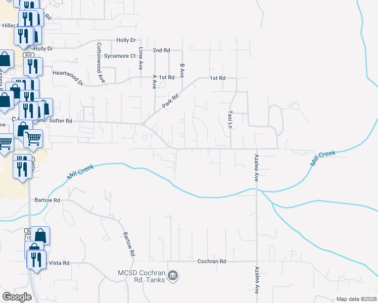 map of restaurants, bars, coffee shops, grocery stores, and more near 2180 Sutter Road in McKinleyville