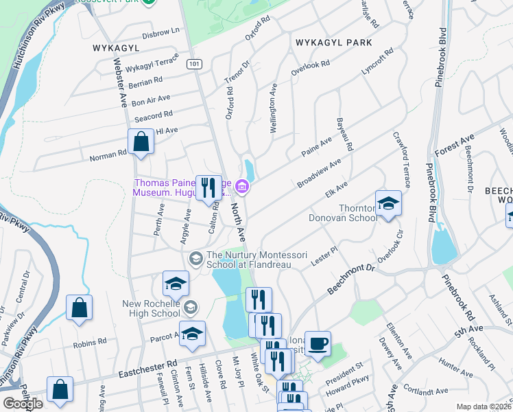 map of restaurants, bars, coffee shops, grocery stores, and more near 67 Broadview Avenue in New Rochelle