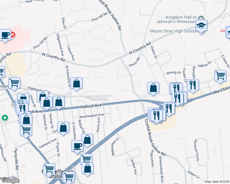 map of restaurants, bars, coffee shops, grocery stores, and more near 409 2 Rod Road in Port Jefferson Station
