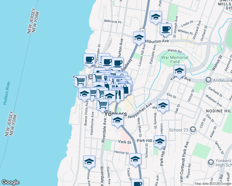 map of restaurants, bars, coffee shops, grocery stores, and more near 1 Hudson Street in Yonkers