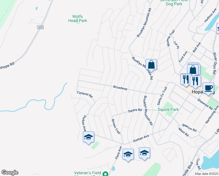 map of restaurants, bars, coffee shops, grocery stores, and more near 208 Brown Trail in Hopatcong