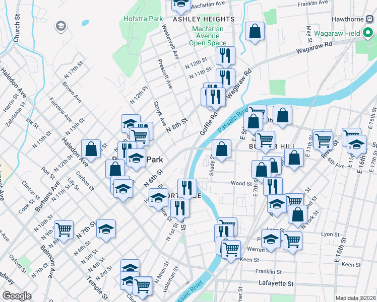 map of restaurants, bars, coffee shops, grocery stores, and more near 245 East Main Street in Prospect Park