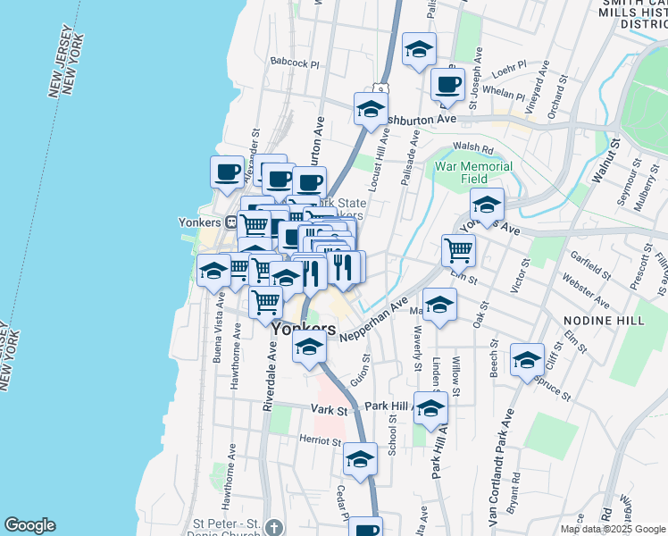 map of restaurants, bars, coffee shops, grocery stores, and more near 90 New Main Street in Yonkers