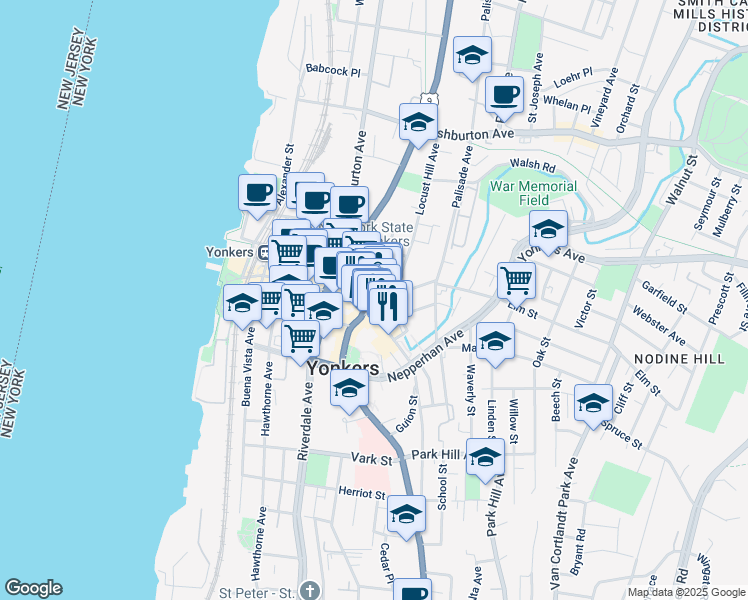 map of restaurants, bars, coffee shops, grocery stores, and more near 2 North Broadway in Yonkers