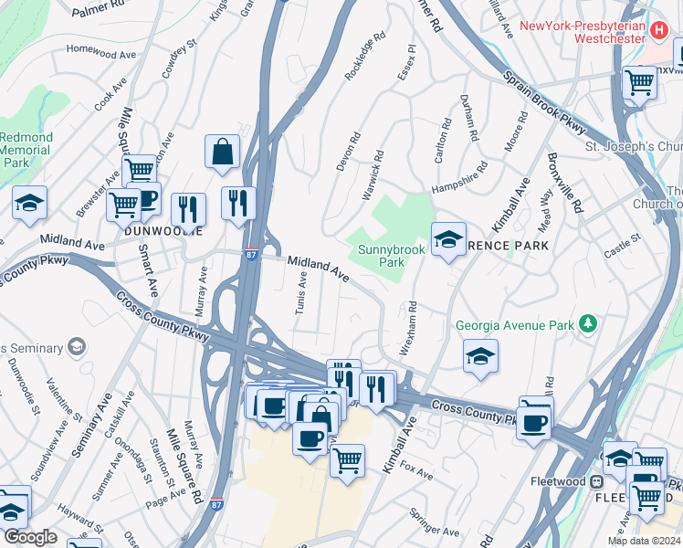 map of restaurants, bars, coffee shops, grocery stores, and more near Midland Avenue & Noble Avenue in Yonkers