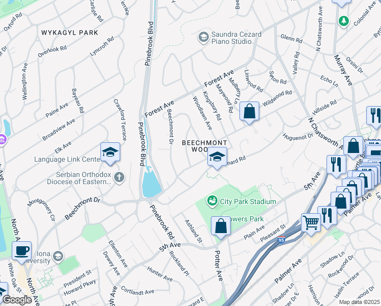 map of restaurants, bars, coffee shops, grocery stores, and more near 12 Eck Place in New Rochelle