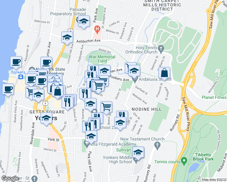 map of restaurants, bars, coffee shops, grocery stores, and more near 50 Victor Street in Yonkers