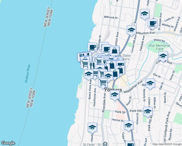map of restaurants, bars, coffee shops, grocery stores, and more near 23 Water Grant Street in Yonkers