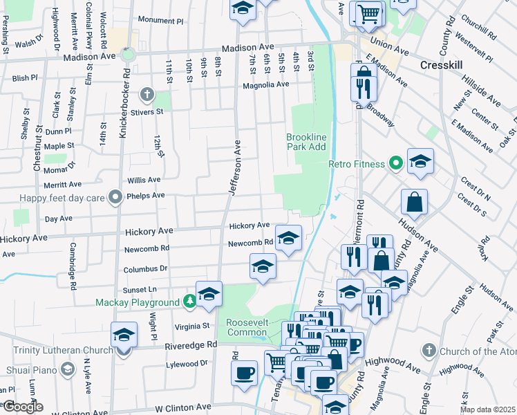 map of restaurants, bars, coffee shops, grocery stores, and more near 125 Hickory Avenue in Tenafly