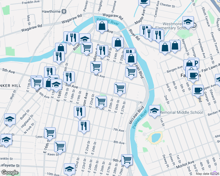 map of restaurants, bars, coffee shops, grocery stores, and more near 389 5th Avenue in Paterson