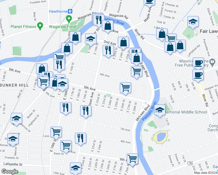 map of restaurants, bars, coffee shops, grocery stores, and more near in Paterson