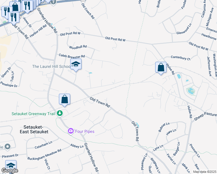 map of restaurants, bars, coffee shops, grocery stores, and more near 22 Parsonage Road in Setauket- East Setauket