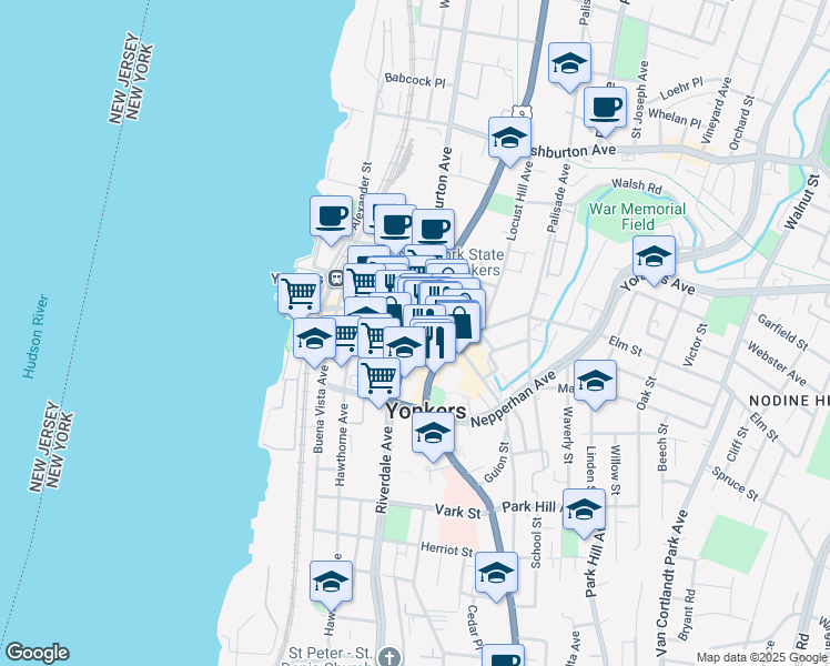 map of restaurants, bars, coffee shops, grocery stores, and more near 26 Main Street in Yonkers