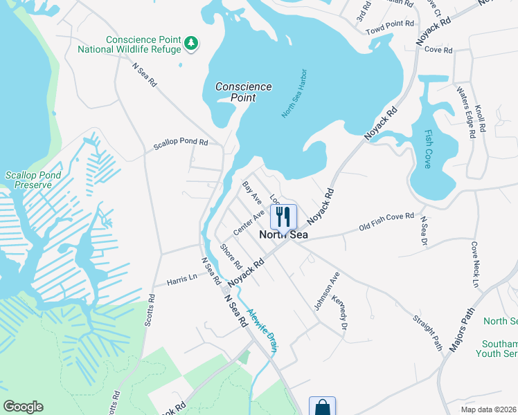map of restaurants, bars, coffee shops, grocery stores, and more near 38 Oak Avenue in Southampton