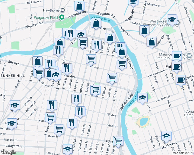 map of restaurants, bars, coffee shops, grocery stores, and more near in Paterson