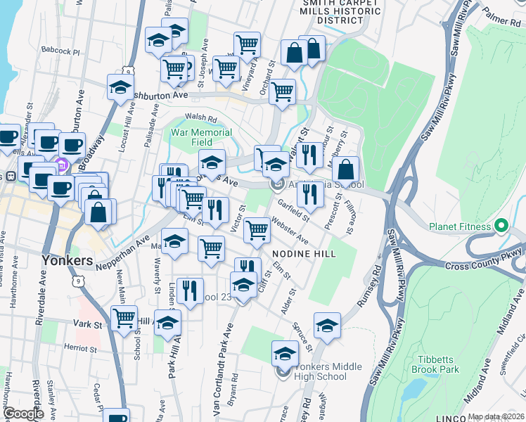 map of restaurants, bars, coffee shops, grocery stores, and more near 359 Walnut Street in Yonkers