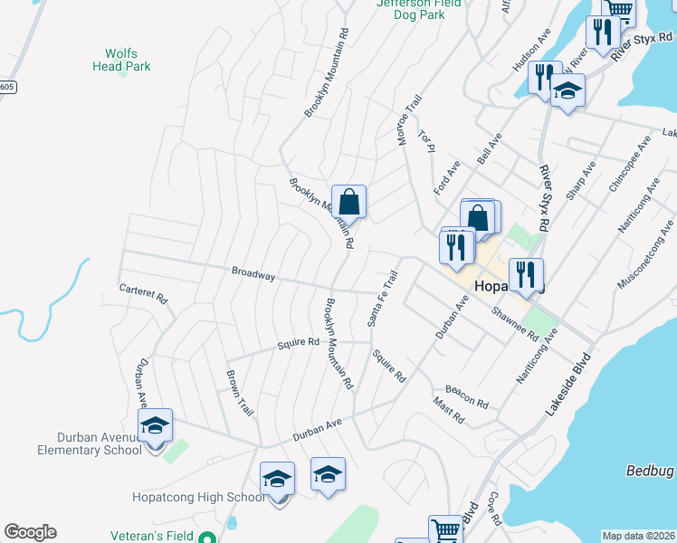 map of restaurants, bars, coffee shops, grocery stores, and more near 419 Brooklyn Mountain Road in Hopatcong
