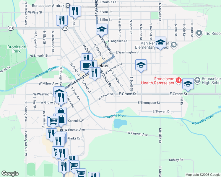 map of restaurants, bars, coffee shops, grocery stores, and more near 108-198 West Grace Street in Rensselaer