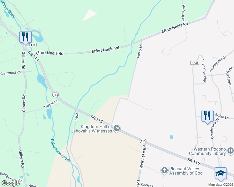 map of restaurants, bars, coffee shops, grocery stores, and more near 1222 Bunny Lane in Brodheadsville