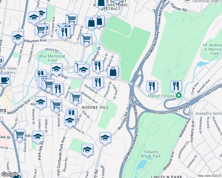 map of restaurants, bars, coffee shops, grocery stores, and more near 368 Prescott Street in Yonkers