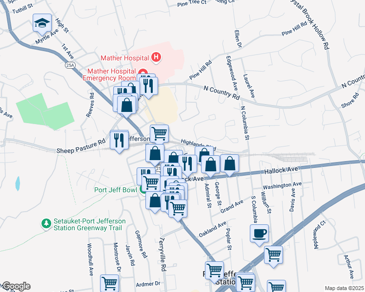 map of restaurants, bars, coffee shops, grocery stores, and more near 44 Union Street in Port Jefferson Station