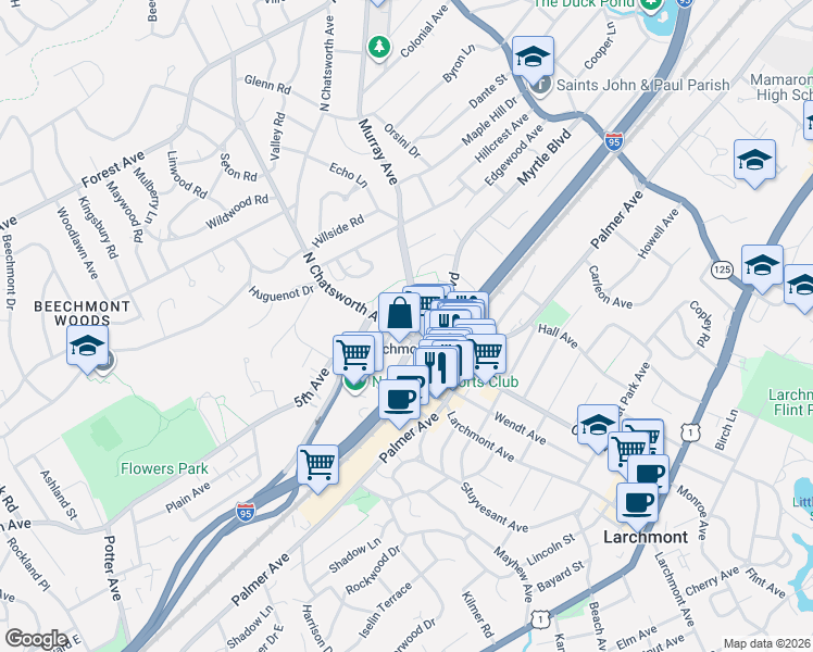 map of restaurants, bars, coffee shops, grocery stores, and more near 14 North Chatsworth Avenue in Larchmont