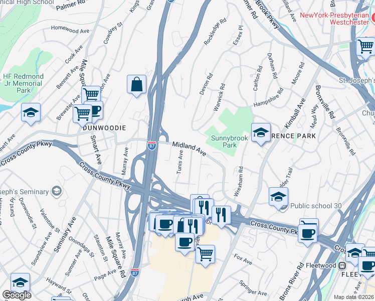 map of restaurants, bars, coffee shops, grocery stores, and more near 59 Noble Avenue in Yonkers