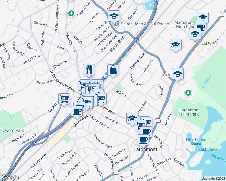 map of restaurants, bars, coffee shops, grocery stores, and more near 1858 Palmer Avenue in Larchmont