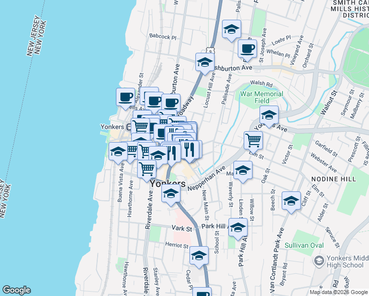 map of restaurants, bars, coffee shops, grocery stores, and more near 6 North Broadway in Yonkers