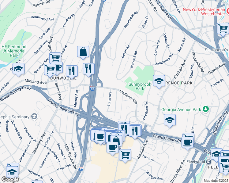 map of restaurants, bars, coffee shops, grocery stores, and more near 59 Noble Avenue in Yonkers