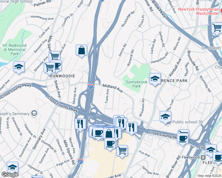 map of restaurants, bars, coffee shops, grocery stores, and more near 60 Tunis Avenue in Yonkers