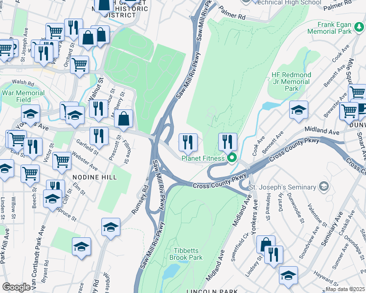 map of restaurants, bars, coffee shops, grocery stores, and more near 12 Fox Terrace in Yonkers