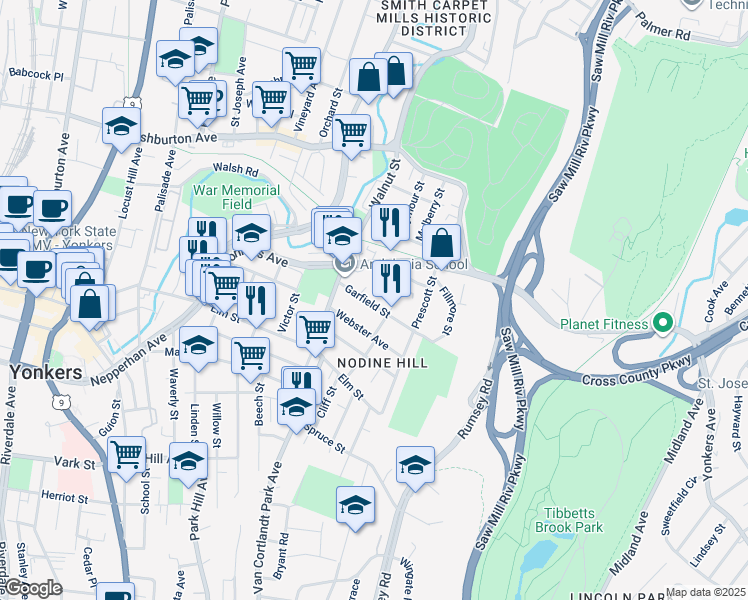 map of restaurants, bars, coffee shops, grocery stores, and more near 129 Webster Avenue in Yonkers