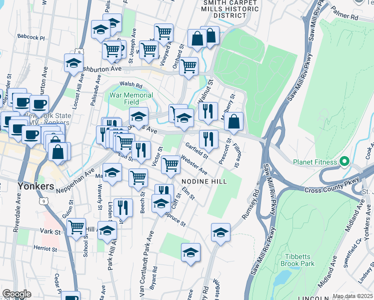 map of restaurants, bars, coffee shops, grocery stores, and more near 129 Webster Avenue in Yonkers