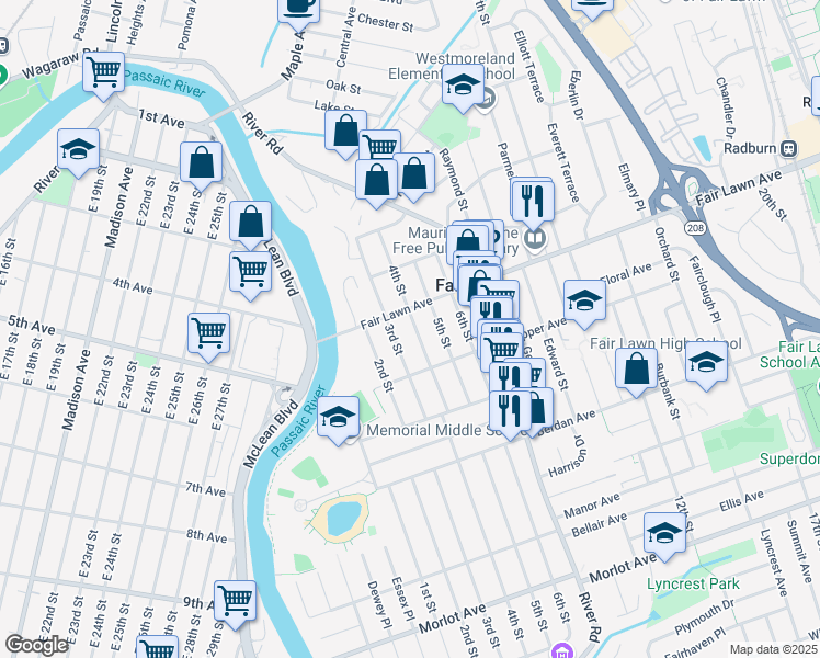 map of restaurants, bars, coffee shops, grocery stores, and more near 13-10 4th Street in Fair Lawn