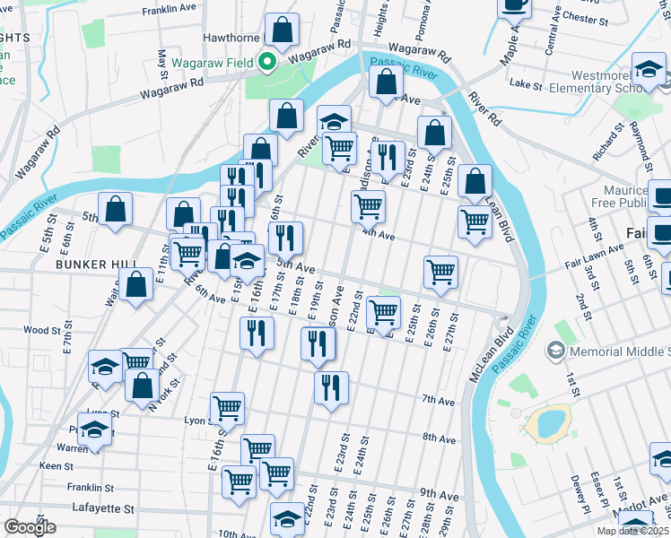 map of restaurants, bars, coffee shops, grocery stores, and more near 210 Madison Avenue in Paterson