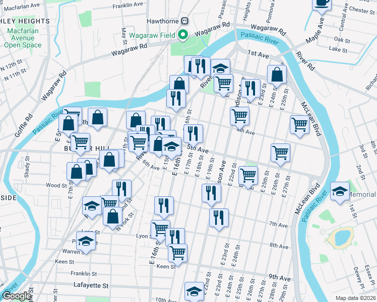 map of restaurants, bars, coffee shops, grocery stores, and more near 162 East 17th Street in Paterson