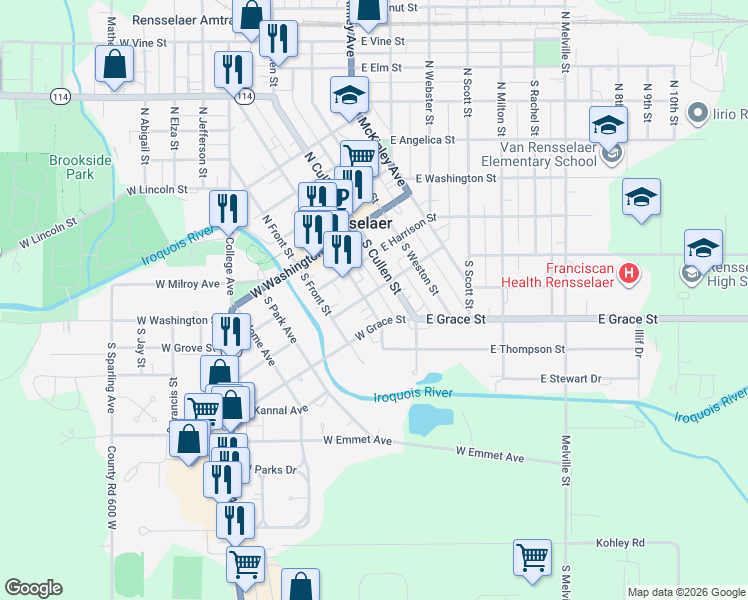 map of restaurants, bars, coffee shops, grocery stores, and more near 200-298 W Grace St in Rensselaer
