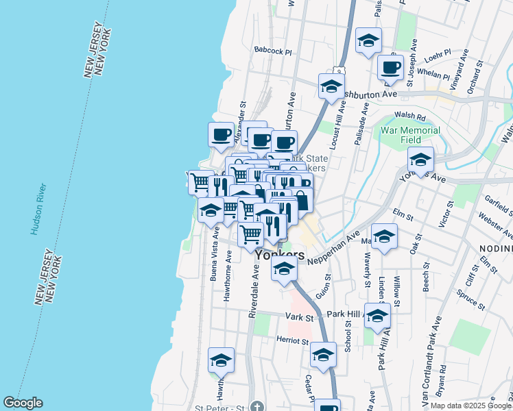 map of restaurants, bars, coffee shops, grocery stores, and more near 40 Main Street in Yonkers