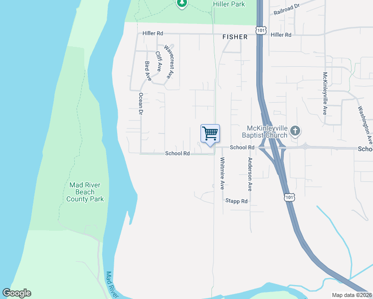 map of restaurants, bars, coffee shops, grocery stores, and more near 743 School Road in McKinleyville