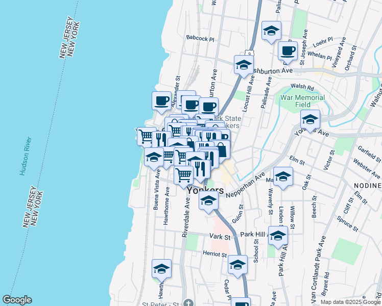 map of restaurants, bars, coffee shops, grocery stores, and more near 38 Main Street in Yonkers
