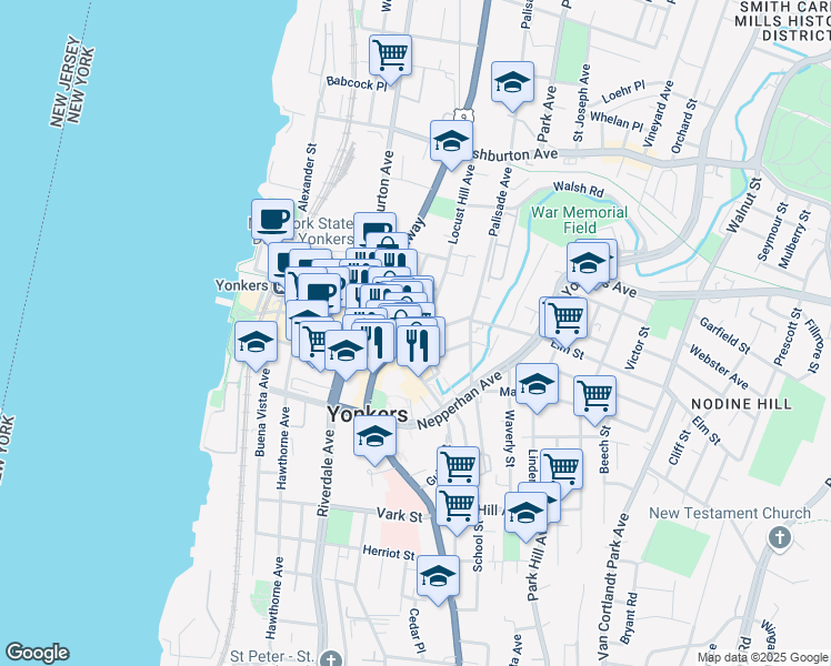 map of restaurants, bars, coffee shops, grocery stores, and more near 90 New Main Street in Yonkers