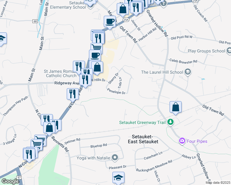map of restaurants, bars, coffee shops, grocery stores, and more near 34 Sherry Drive in Setauket- East Setauket