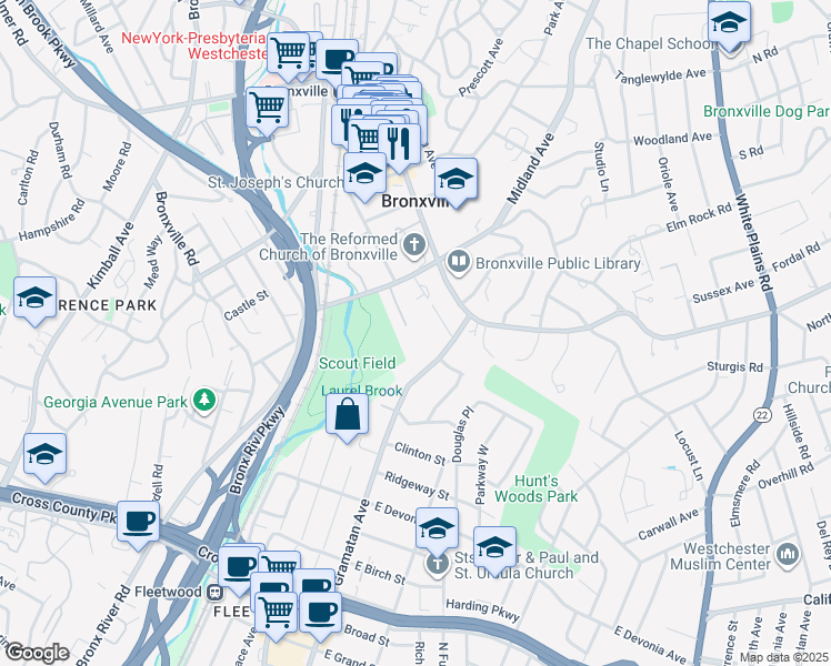 map of restaurants, bars, coffee shops, grocery stores, and more near 1-37 Palumbo Place in Bronxville