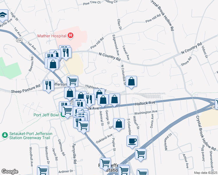 map of restaurants, bars, coffee shops, grocery stores, and more near 143 Windward Drive in Port Jefferson