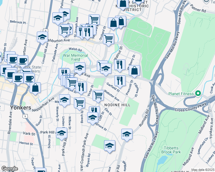 map of restaurants, bars, coffee shops, grocery stores, and more near in Yonkers