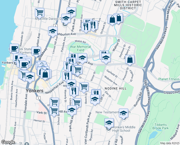 map of restaurants, bars, coffee shops, grocery stores, and more near 60 Yonkers Avenue in Yonkers