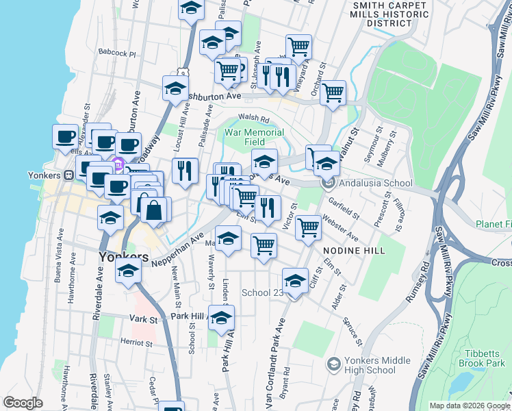 map of restaurants, bars, coffee shops, grocery stores, and more near 2 Riverview Place in Yonkers